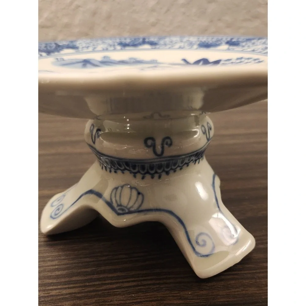 Vintage Chinese Tazza Blue Porcelain Footed Pedestal Plate Platter